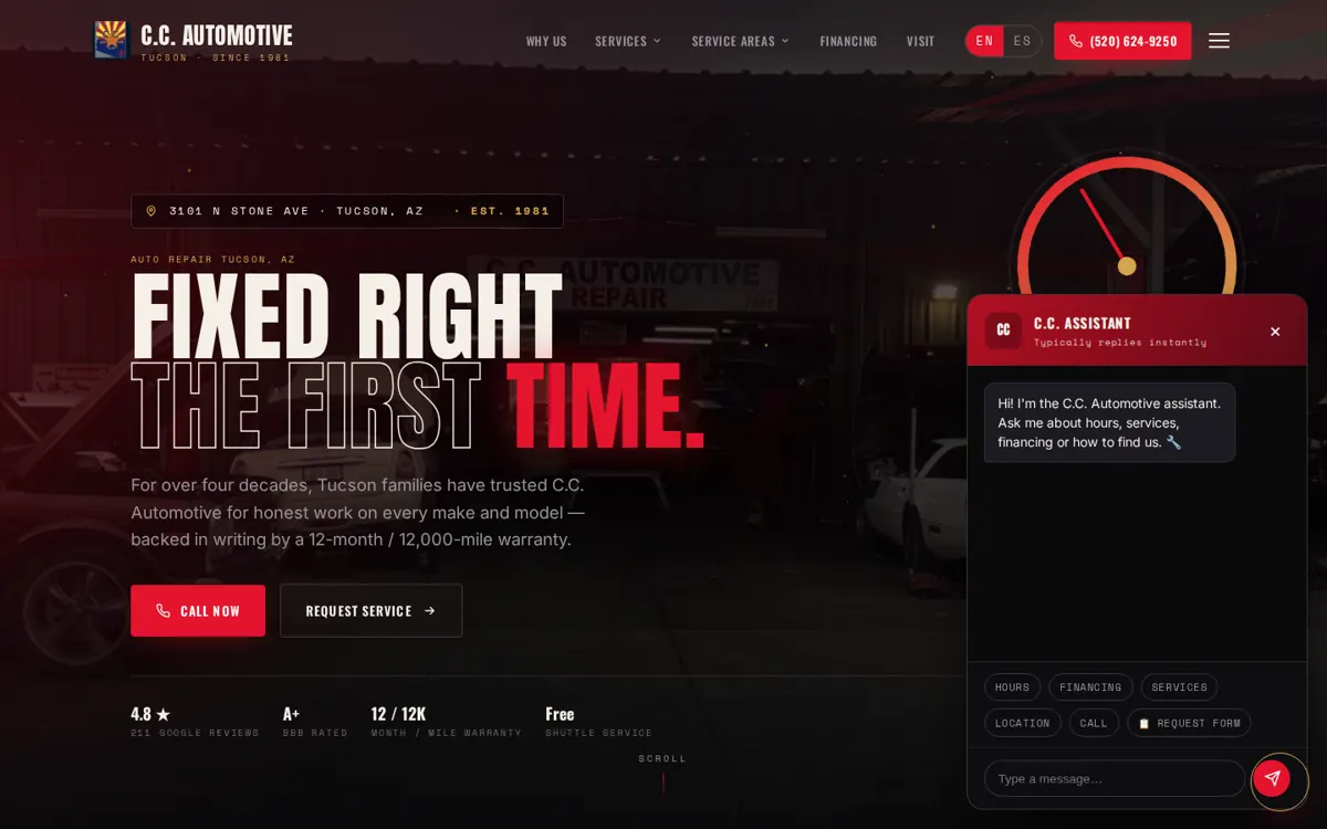 C.C. Automotive Tucson auto repair website with AI chatbot open
