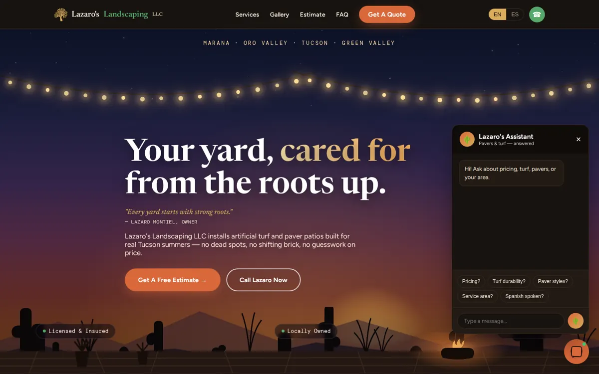 Lazaro's Landscaping Tucson website with bilingual AI chatbot answering in Spanish