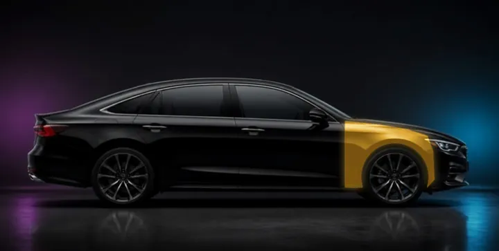 Sedan with the fender highlighted in gold: about $150–$250 to wrap