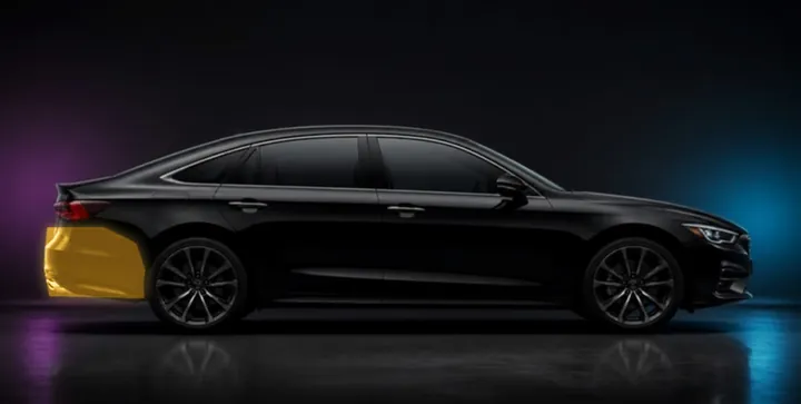 Sedan with the rear bumper highlighted in gold: about $300–$450 to wrap